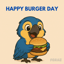 a blue and yellow parrot is holding a hamburger with the words happy burger day behind it