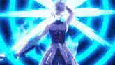 a cartoon character is holding a sword in front of a blue light
