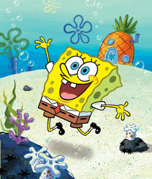 a cartoon drawing of spongebob squarepants in the sand