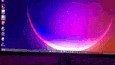 a computer screen with a purple background and icons on the bottom