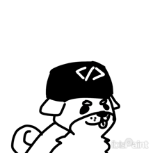 a black and white drawing of a dog wearing a hat with a html code on it