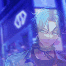 a drawing of a man with blue hair and a necklace that says ' sss ' on it