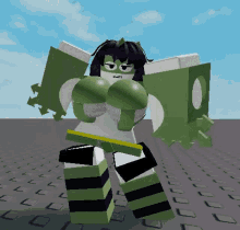 a cartoon girl with huge breasts is standing on a brick floor .