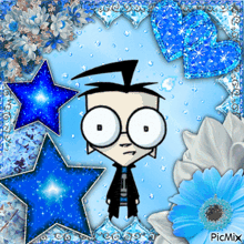 a picture of a cartoon character surrounded by blue stars and flowers with picmix written on the bottom
