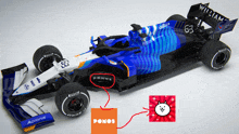 a blue race car with the number 63 on the back