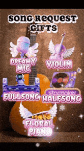 an advertisement for song request gifts includes a guitar and a violin