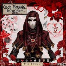 a picture of a jester with a sign that says good morning let the stress begin