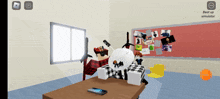 a screenshot of a roblox game shows a person sitting at a table with a phone on it