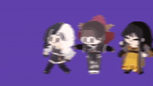 a group of three anime characters are standing next to each other on a purple background .