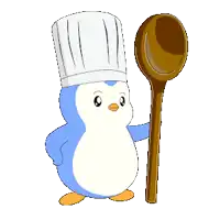 a penguin wearing a chef 's hat holds a large wooden spoon