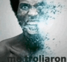 a close up of a man 's face with the word metroliaron written on it