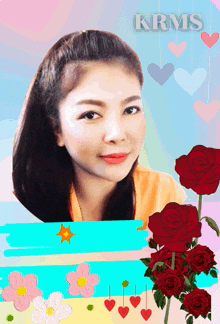 a woman is surrounded by flowers and hearts and the name krms is on the bottom