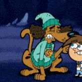 a cartoon dog is wearing a hat and scarf and standing next to a boy .