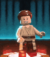 a lego figure is smiling and standing on a red surface