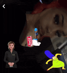 a woman with a coca cola can and a cartoon character