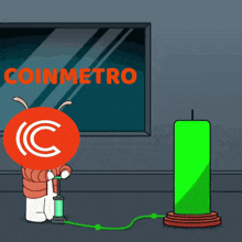 a cartoon character is pumping up a green cylinder with the word coinmetro in orange letters