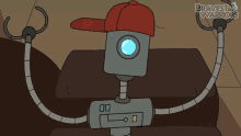 a cartoon robot wearing a red hat with the words bravest warriors written below it