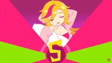 a girl with yellow hair is sleeping in a circle with the number 5