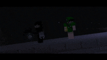 a couple of minecraft characters standing next to each other in the dark .