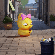 a cartoon duck with a pink bow on its head is standing next to a trash can