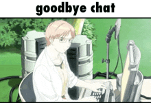 a man in a lab coat is sitting at a desk with a computer and a sign that says goodbye chat