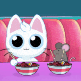 a cartoon of a cat and a mouse eating noodles with chopsticks