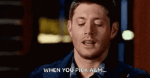 a man with his eyes closed is saying `` when you pick a & m . ''