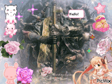 a picture of a statue with a pink hello sign