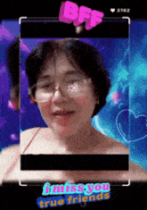 a picture of a woman with glasses and the words " i miss you true friends " on the bottom