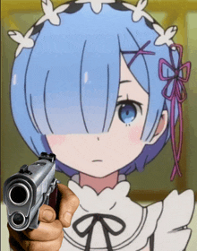 a hand is holding a gun in front of a cartoon girl with blue hair