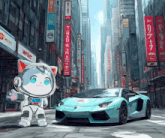 a cartoon of a cat standing next to a car with a sign that says wle