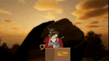 a cartoon drawing of a man behind a box that says judge i bruce