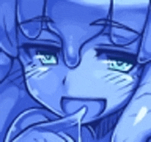 a close up of a blue anime character 's face with a tear coming out of her nose .