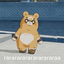 a teddy bear is standing in front of a blue wall with the words " rararararararaaraa " written on the bottom