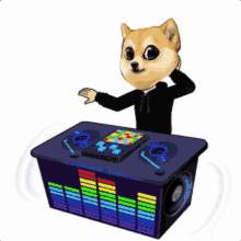 a doge wearing headphones is standing behind a dj mixer