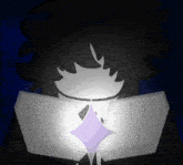 a drawing of a person with black hair and a purple diamond