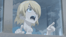 a cartoon character with a surprised look on his face points up