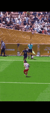 a soccer game is being played in front of a banner that says ultimate