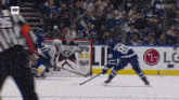 a hockey game is being played in front of a lg advertisement