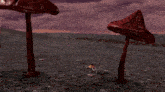 a couple of red mushrooms with lightning coming from them