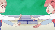 two anime girls are reaching out to each other .