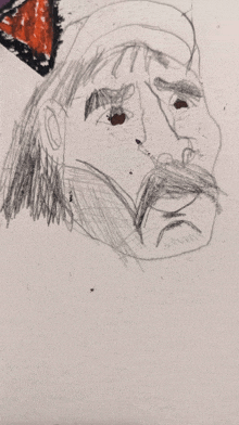 a drawing of a man 's face with a mustache and a hat on