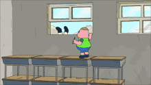 a cartoon of a boy running in a park with cars parked on the side of the road