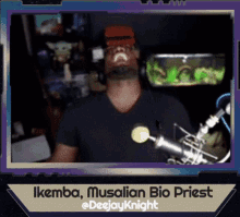 a picture of a man in front of a microphone with the name ikemba musalian bio priest