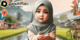 a little girl wearing a hijab is standing in front of a river