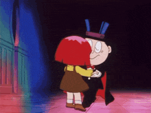 a little girl with red hair is hugging a cartoon character in a top hat