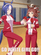 two anime girls holding maracas with the words go white girl go written below them