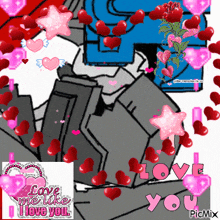 a picture of a robot surrounded by hearts with the words love me like i love you
