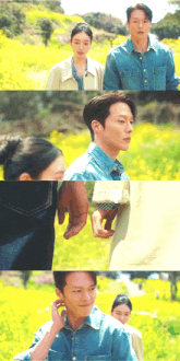 a man and a woman holding hands in a field of yellow flowers
