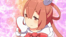 a cartoon girl with long brown hair and a red bow on her head